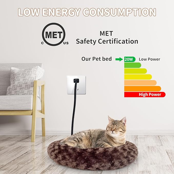 Heated Cat Beds for Indoor Cats Warming Cat Beds Super Soft Machine Washable Thermo Kitty Electric Heating Bed 19 Inches Round