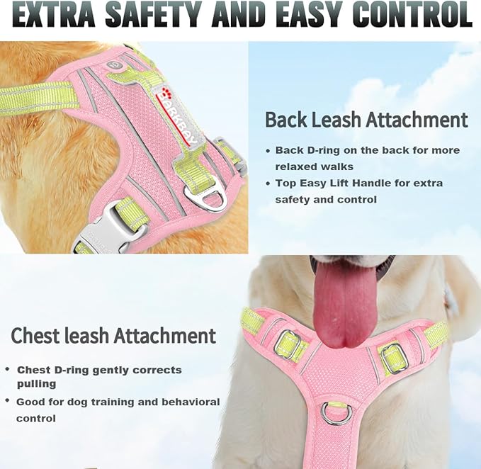 BARKBAY No Pull Dog Harness Large Reflective Dog Harness with Front Clip and Easy Control Handle for Walking Training Running with ID tag Pocket(Baby Pink & Sunlight,S)