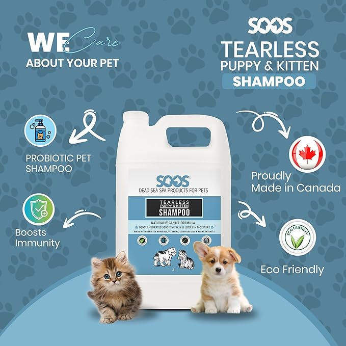 Soos Pets Pet Shampoo Natural Dead Sea Tear-Less Fast Absorbing with Vitamins Minerals Essential Oils Natural Elements for Puppy and Kitten - 1x Pet Shampoo (4L / 1.32 gal)