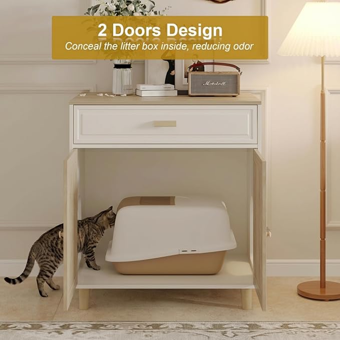 Cat Litter Box Enclosure Furniture Hidden - Indoor 2-in-1 Wooden Cat House & Washroom Cabinet with Scratching Board Doors and Drawer, 31.5”x21.6”x34.6”H