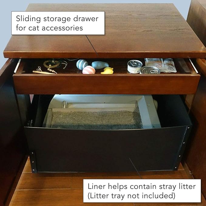 THE REFINED FELINE Cat Litter Box Enclosure Cabinet, Farmhouse, Mahogany Brown, Adjustable Levelers, XLarge, Hidden Litter Cat Furniture with Drawer