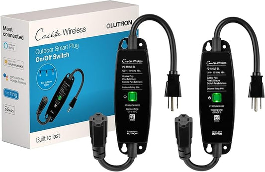 Lutron Smart Outdoor Plug for Caseta Smart Lighting, for Summer, Patio, Backyard, and Outdoor Lights, & Motors, 15A LED Fixtures & 1/2 HP Motors, PD-15OUT-BL-2, 2 Pack, Black