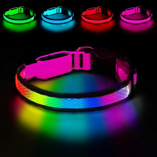 LED Dog Collar, Light Up Dog Collar USB Rechargeable, Nylon Adjustable Comfortable Soft Bright RGB 7 Colors Changeing Safety Light Glowing Collar for Medium and Large Dogs(Medium,Pink)