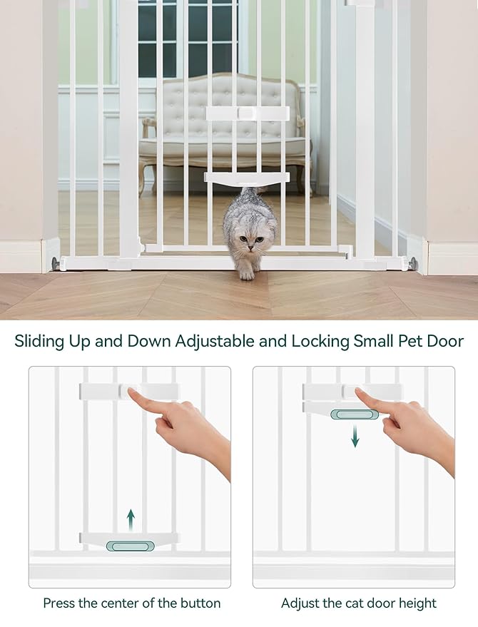 BABELIO 29-48" Extra Wide Baby Gate with Cat Door,Auto Close Metal Pet Door for Stairs, Doorways, House, Pressure/Hardware Mounted, Easy Walk Thru, White