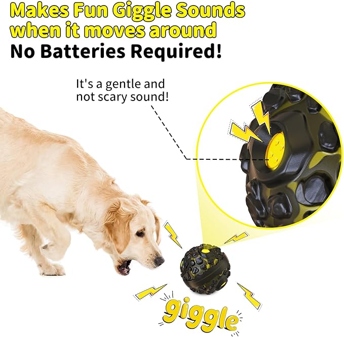 Dog Ball for Aggressive Chewers - Interactive Dog Toy Giggle Balls Fun Squeaky Sound to Keep Them Busy, Durable for Small Medium Large Breeds, Rubber Chew Toys, As Seen on TV, Black & Yellow