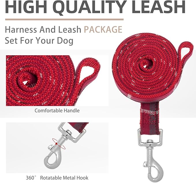 PUPTECK Soft Mesh Dog Harness and Leash Set Step-in Plaid Puppy Padded No Pull Vest Harness for XS Small Medium Sized Dogs Cats Outdoor Walking, Red S