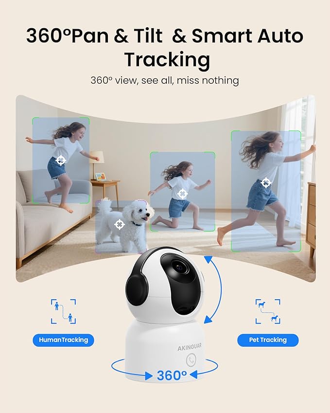 4K 8MP WiFi Camera, 4K 8MP 360°Pan/Tilt Indoor Camera, 2-Way Talk, One-Touch Calling, Full-Color Night Vision in Low Light, Smart AI Detection, Auto Tracking, for Kids/Elderly/Pets, Black