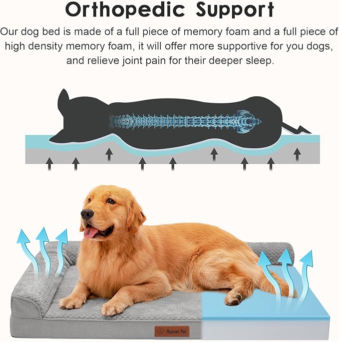 Orthopedic Dog Beds for Large Dogs, Memory Foam Dog Beds Large Sized Dogs, Washable Removable Cover, Nonskid Bottom, Waterproof, for Indoor, Outdoor, Crate ＆ Car Use, 44x32x6 Inches, Light Grey