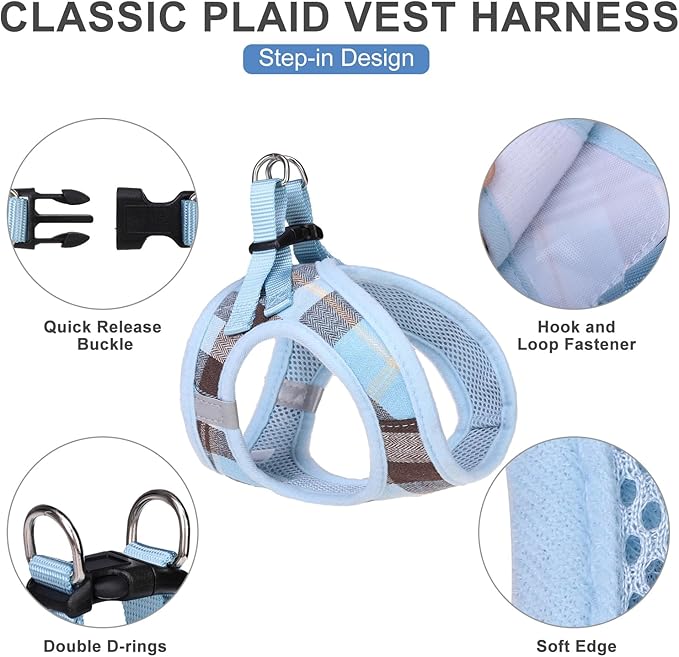 EXPAWLORER Classic Plaid Step in Dog Harness - Small Dog Collar and Leash - Soft Mesh Padded Adjustable Dog Vest Harness No Pull, Reflective Escape Proof for Outdoor Walking, Blue Large