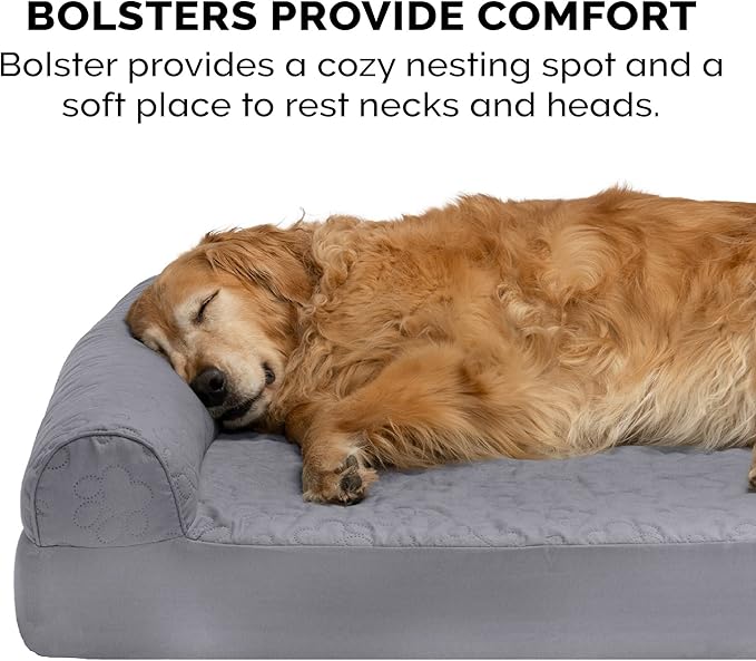 Furhaven Orthopedic Dog Bed for Large Dogs w/ Removable Bolsters & Washable Cover, For Dogs Up to 95 lbs - Pinsonic Quilted Paw L Shaped Chaise - Titanium, Jumbo/XL