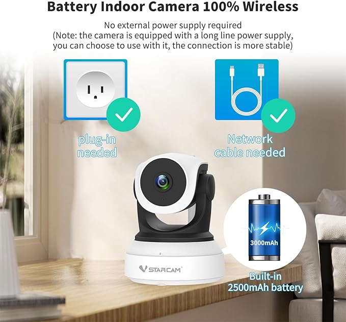 VSTARCAM Indoor Camera with Battery Powered, 2K with 360° Rotation, Human/Motion Detection with Auto Tracking, 2-Way Audio & DIY Voice, 2.4GHz WiFi Wireless, Cloud & SD Card Storage(up to 256GB)