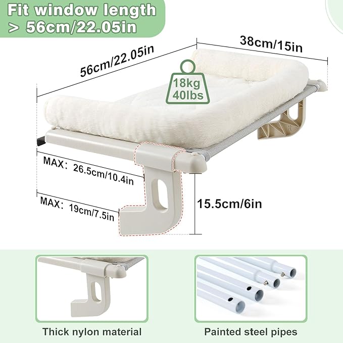 Sunhoo Cat Window Perch Hammock Sturdy Windowsill Bed Seat for Large Cats No Drilling No Suction Adjustable Kitty Shelf with Washable Cover Easy Assembly Holds up to 40 lbs 22.05 * 15 in (White, S)