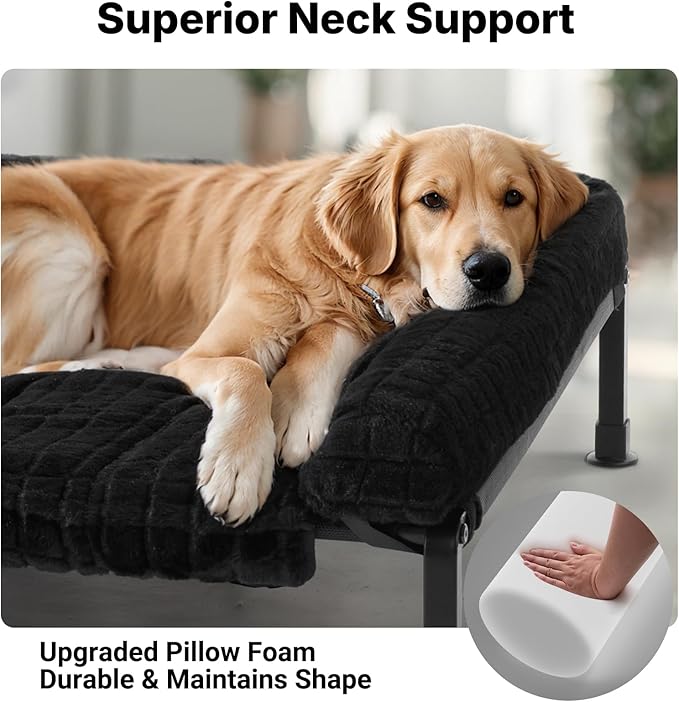 Veehoo Elevated Dog Bed Large Sized with Fluffy Plush Bolster Cushion, Washable Orthopedic Dog Couch Bed, Cooling Raised Pet Cot with Removable Mat, Breathable Mesh, No-Slip Feet, 45x 34 inches, Black
