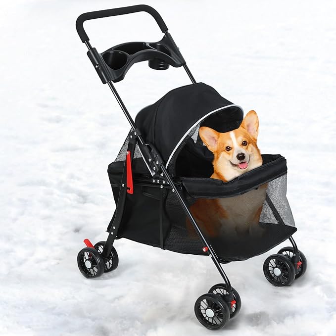 Pet Strollers,4 Wheels Outdoor Travel Pet Folding Stroller, Outdoor Travel Folding Stroller, Dog Cat Cage Carrier with Cup Holder, Breathable and Visible Mesh for Medium Small Dog