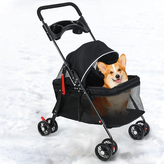 Pet Strollers,4 Wheels Outdoor Travel Pet Folding Stroller, Outdoor Travel Folding Stroller, Dog Cat Cage Carrier with Cup Holder, Breathable and Visible Mesh for Medium Small Dog