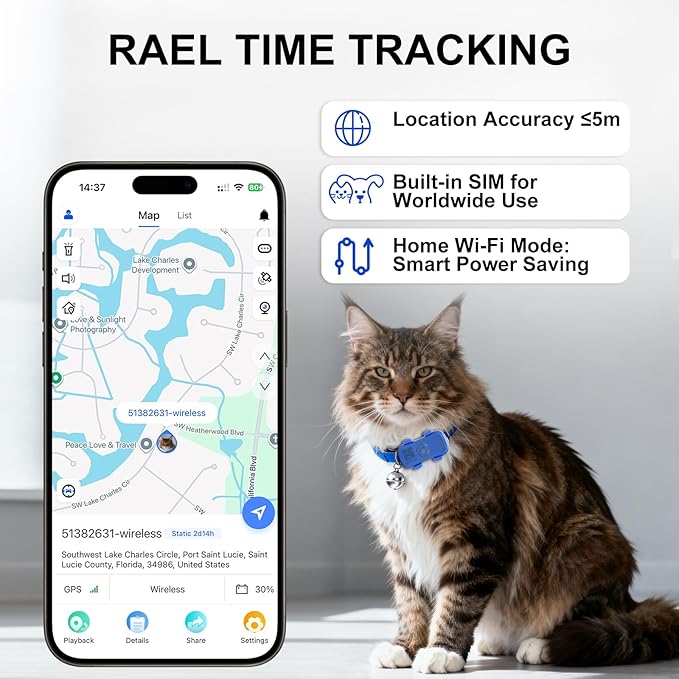 GPS Tracker for Dogs & Cats Pet GPS Location Tracker with Smart Alerts & Location History Geo-Fence Real-Time Waterproof iOS & Android Subscription Required