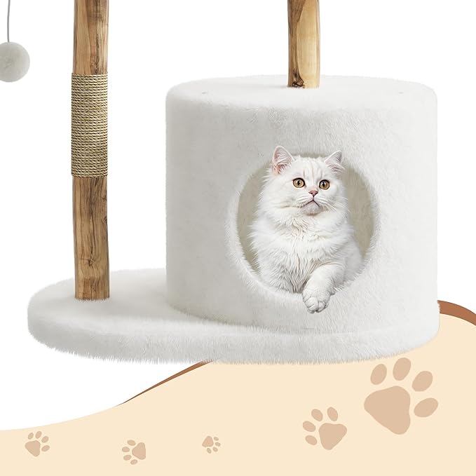46" Large Modern Cat Tree, Wooden Cat Tower with Scratching Posts, Platforms, Spacious Wicker Basket, Pom Pom Balls and Wood Branch, Luxury Condo for Kittens