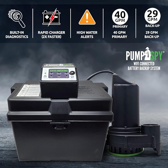 PumpSpy PS2000 WiFi Battery Backup Sump Pump System w/Internet Monitoring & Alerts, Sump Pump Battery Backup That Connects to 24/7 Remote Monitoring Service, Compatible w/PumpSpy App