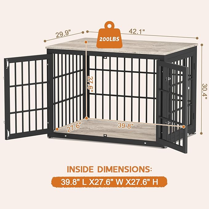 42 Inch Heavy Duty Dog Crate Furniture for Large and Medium Dogs, Decorative Pet House End Table, Wooden Cage Kennel Furniture Indoor, Grey