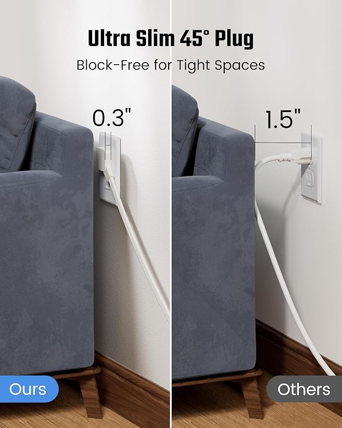 Extension Cord 3ft SUPERDANNY Mini Power Strip Ultra Right Angled Flat Plug for Tight Spaces,Indoor Extension with 3 Outlets,for Office Home Appliances,Non Surge Protector for Travel Cruise,White