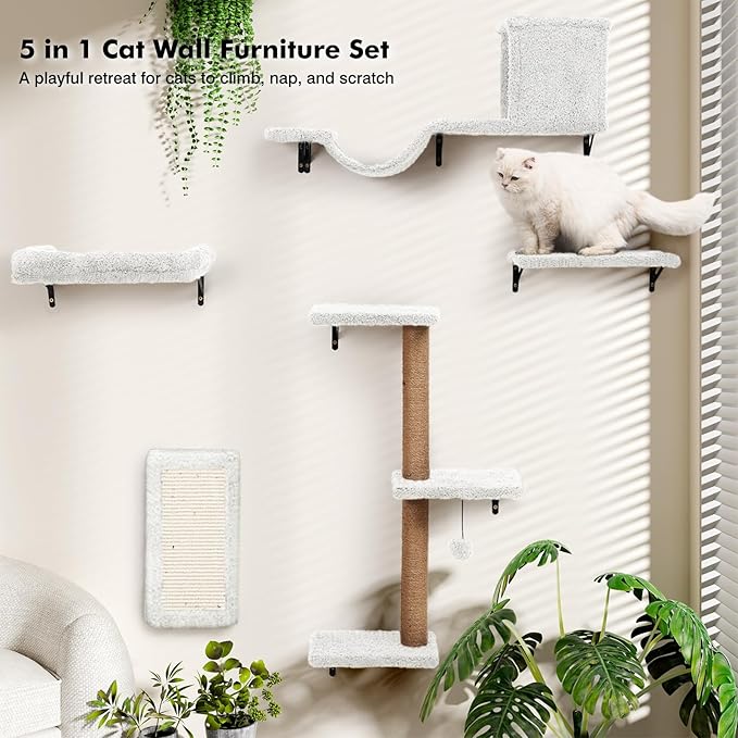 5-in-1 Cat Wall Shelves, Multi-Level Cat Climbing Furniture, Perch & Lounge for Indoor Cats, Space-Saving Wall Mounted Shelves for Play & Rest (Natural Wood) - White
