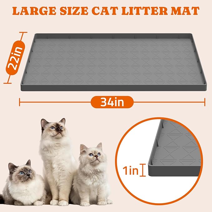 Pawtners Cat Litter Mat, Large 34" x 22" Litter Box Mat, Easy to Clean Cat Litter Box Mat, Non-Slip Kitty Litter Mat for Floor, Waterproof & Urine-Proof Cat Litter Mat Litter Trapping Mat, Gray