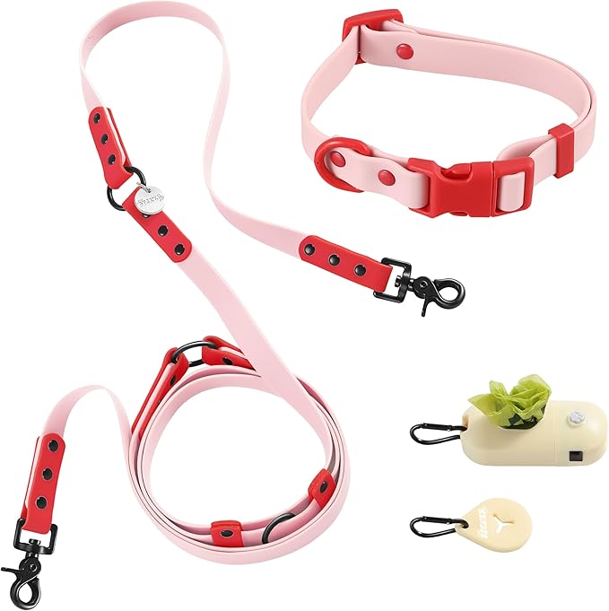 WLK1004G-5SET Luna Small 8FT Adjustable 6-in-1 Waterproof Hands-Free Leash and Collar with LED Flashlight, Bag Dispenser, and Poop Bag Holder, Paloma