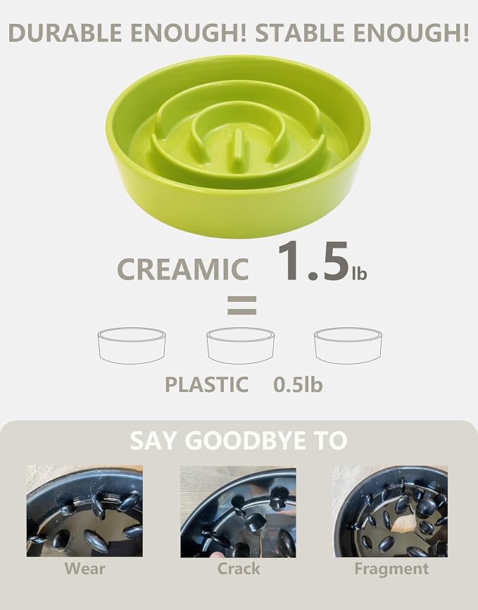 Ceramic Slow Feeder Dog Bowls, 0.6 Cup Slow Feeder for Small Dogs and Cats, Puzzle Maze Bowl, Prevents Choking, 6in, Green