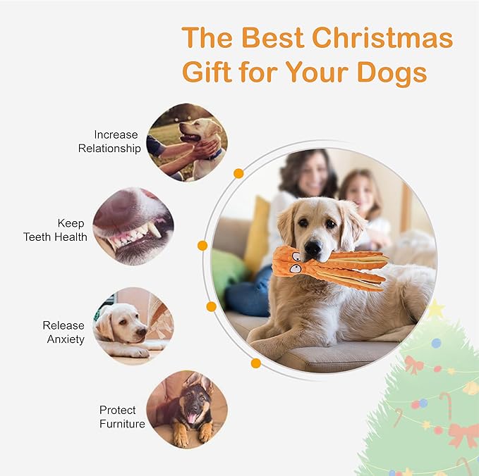 Dog Squeaky Toys Octopus - No Stuffing Crinkle Plush Toys for Puppy Teething, Durable Interactive Chew Toys for Small, Medium and Large Dogs Training and Reduce Boredom, 2 Pack