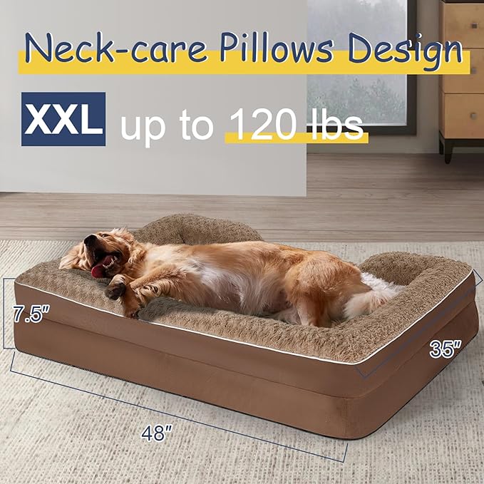 Orthopedic Dog Bed for Large Medium Sized, Washable Memory Foam Large Dog Bed, Durable Medium Pet Sofa with Removable Cover, Washable Waterproof Pet Couch Beds(Brown, XXL)