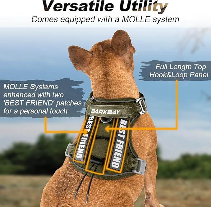 BARKBAY Service Dog Vest Tactical Dog Harness Medium Large Sized Dog Tags Personalized No Pull Adjustable Harness Reflective K9 Working Training Easy Control Military MolleSystem(Army Green,S)
