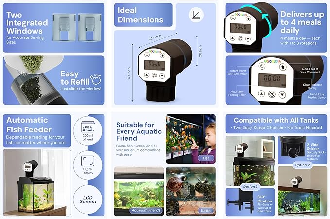 Auto Fish Feeder for Aquariums – Automatic Timer Dispenser with LCD Display & Adjustable Settings – Great for Vacation or Daily Feeding