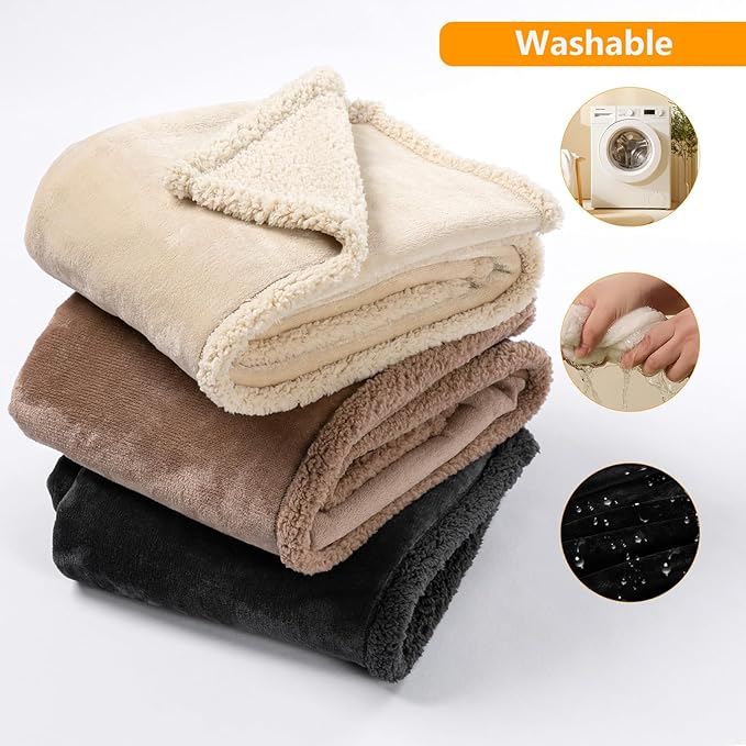 Waterproof Dog Blanket for Bed Covers Reversible Big Pet Puppy Blankets Leakproof Sofa Couch Washable Sherpa Fleece Covers Winter Cat for Warm-L-65x57in