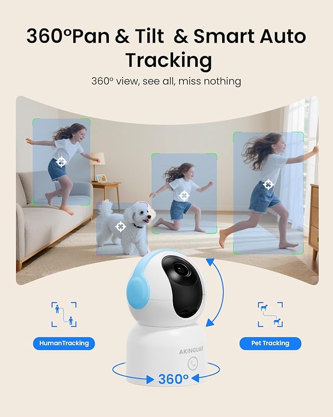 4K 8MP Indoor Security Camera with 64GB Memory Card, 5GHz/2.4GHz WiFi Camera, 360° Pan/Tilt IP Camera, Auto Tracking, AI Human/Face/Pet Detection, Night Vision, 2-Way Audio, One-Touch Call