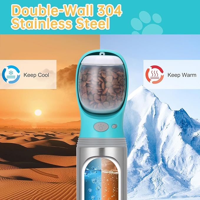 Portable Dog Water Bottle with Food Container, 14 OZ, Stainless Steel Leak Proof Puppy Water Dispenser with Drinking Feeder for Pets Travel, Walking, Hiking and Outdoor Activities