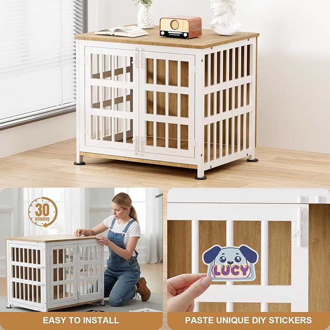 27" Dog Crate Furniture for Small Dogs, Heavy Duty Dog Cage for Small & Medium Dogs with Wheels, Indoor Puppy Crate, 26.6"L x 20.9"W x 23.8"H, Decorate House as TV Stand, End Table — Natural and White