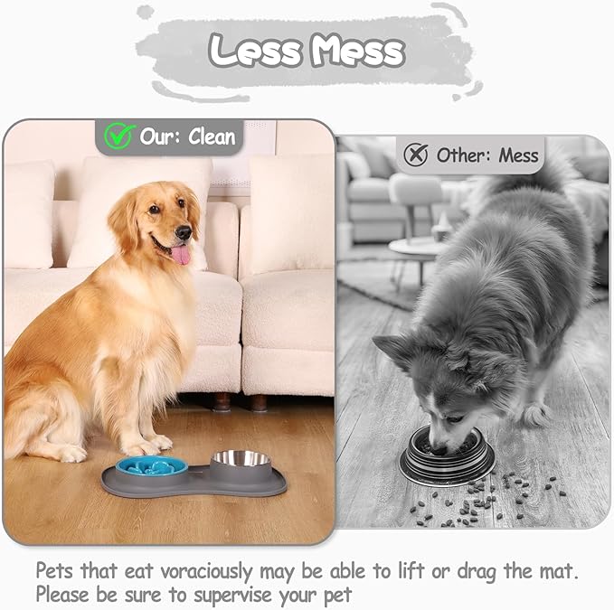 MateeyLife Dog Food Bowl Set 3 in 1, Basic Dog Bowls & Water Stainless Steel Bowl with Non-Spill Silicone Mat, Slow Feeder Bowls for Small, Medium, Large Breeds, Cat Feeding Dish to Anti-Choking