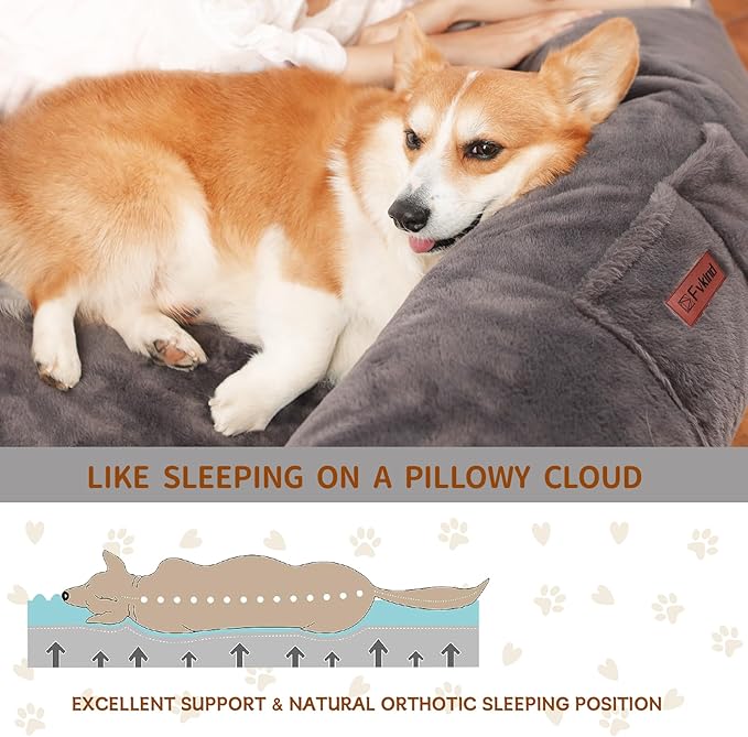 Human Dog Bed for Adults, 71"x51"x12" Washable Orthopedic Size, Faux Fur Removable, Cozy Large Present with Blanket and Pillow, Dark Grey