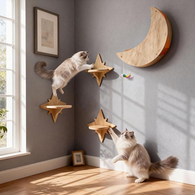 Cat Wall Shelves, Moon and Star Cat Wall Furniture for Indoor, Multi-Level Wooden Climbing Set with Cute Toys