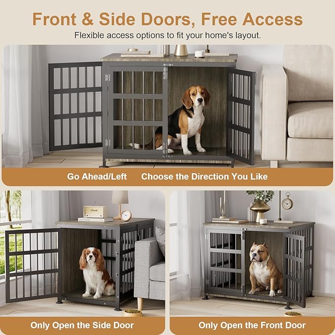 33" Dog Crate Furniture for Medium & Small Dogs with Wheels, Heavy Duty Dog Cage, Indoor Puppy Crate, Wooden Dog Kennel Table, 32.6" L x 22.8" W x 25.8" H, Decorate House as End Table — Grey
