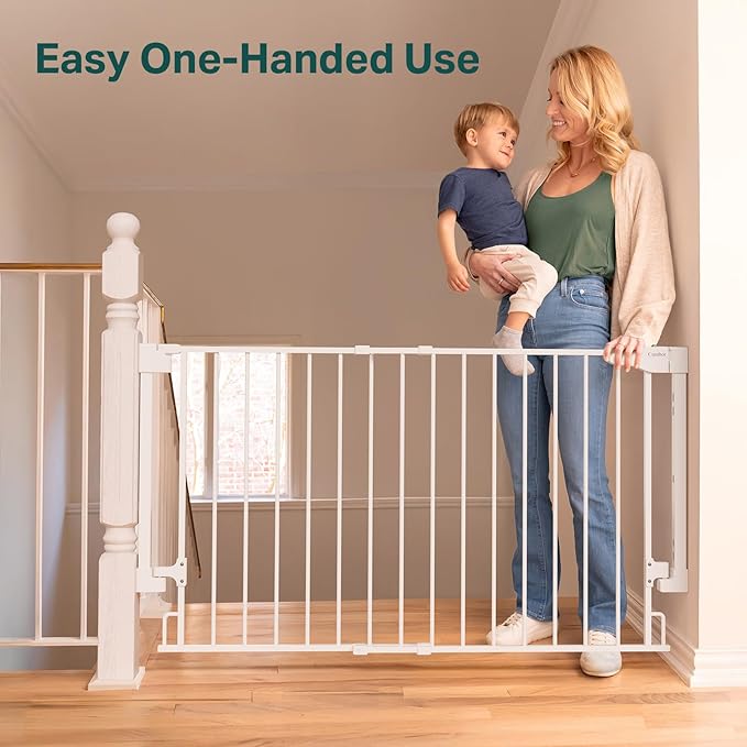 Cumbor Expandable 31.6-48" Baby Gate for Stairs, Wall-Mounted, 2-in-1 No Bottom Bar Dog Gate Indoor, Auto Close Pet Gate for Doorways with Large Walk Thru Door, Child-Proof Gate for Kids (White)