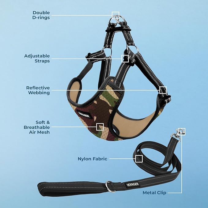 Best Pet Supplies Voyager Mesh Dog Breathable Harness Reflective Stitching, All Weather Adjustable for Walking Training, or Running - Heavy Duty & Durable, Harness Leash Set (Army Base), XS