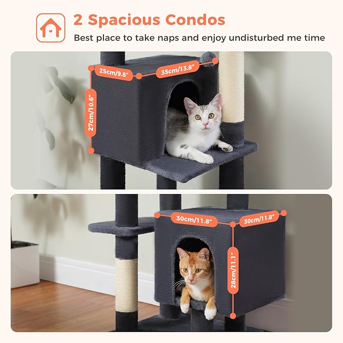 Cat Tree, 52.4 Inch Multi-Level Cat Tower for Indoor Cats with Dual Padded Top Perches, 2 Condos & Scratching Posts, Plush Cat Furniture for Kittens and Medium Cats, Dark Grey
