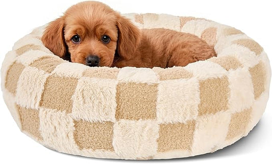 Dog Calming Beds for Small Medium Large Dogs - Round Donut Washable Puppy Dog Bed, Anti-Slip Faux Fur Fluffy Donut Cuddle Anxiety Cat Pet Bed (24" Grid)
