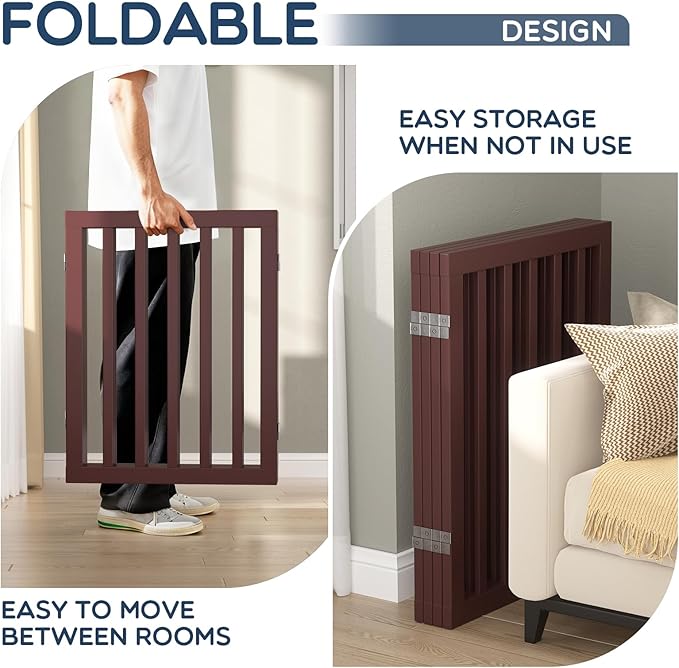 Homykic Bamboo Freestanding Dog Gate, No Assembly Pet Gate Indoor, 24”H x 75”W Extra Wide Foldable Puppy Fence with Support Feet for The House, Doorways Stairs, 4 Panels, No Drilling, Espresso