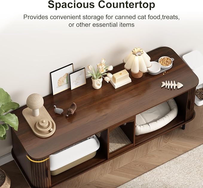 Double Cat Litter Box Enclosure Furniture, 59" Large Hidden Litter Box Furniture with Scratching Pad, Wood Pet House for 2 Cats, Indoor Modern Cabinet TV Stand for Living Room, Walnut