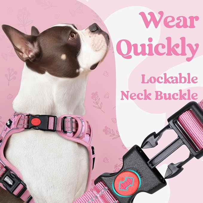 rabbitgoo Dog Harness Small Sized, No Pull Pet Harness with 3 Buckles, Adjustable Soft Padded Vest with Control Handle, Walking Reflective Pet Vest for Small Dogs, Floral Pink, S