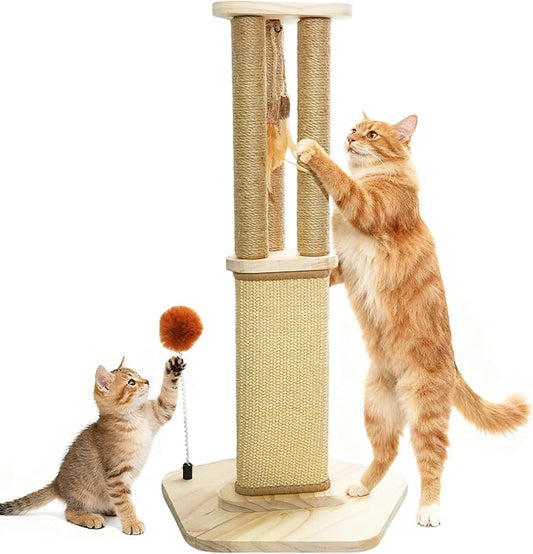 Cat Scratching Post, 26.3 Inch Scratch Post for Indoor Cats, Sisal Scratcher Posts for Medium/Small Cat, with Sturdy Wood Hexagonal Base, Silver Vine Feather Toy & Scratch Pad, Kitten Toys