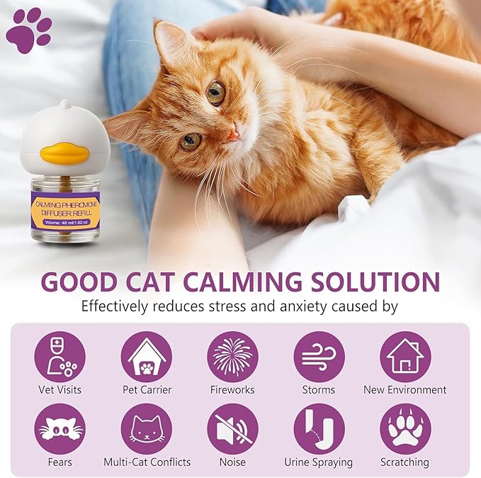 Cat Calming Pheromone Diffuser Kit, 2 Plug-Ins + 4 Refills (48ml Each), Long-Lasting Stress & Anxiety Relief, Reduces Fighting, Spraying & Scratching, Safe & Drug-Free Comfort for All Cats and Kittens