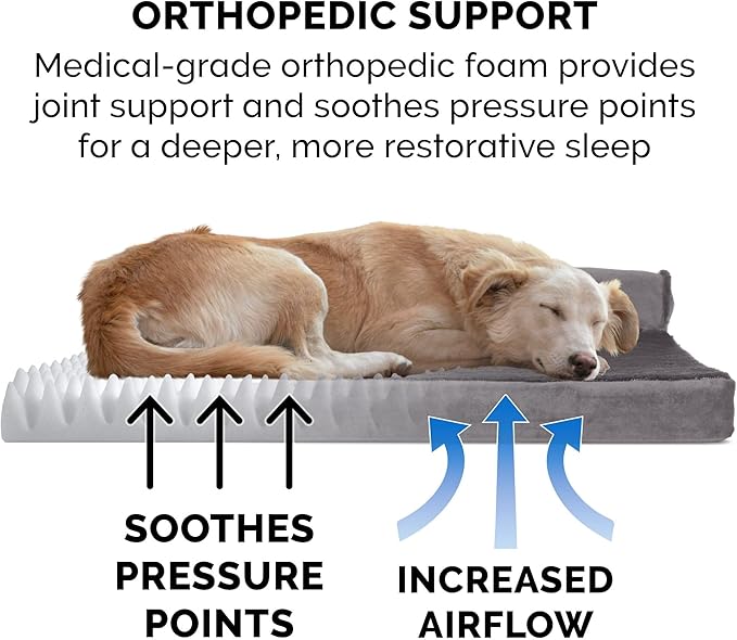 FurHaven Orthopedic Dog Bed & goDog Toy - Squeaky Plush Dino with Chew Guard for Large Dogs - Plush & Velvet L Shaped Chaise - Platinum Gray, Jumbo/XL